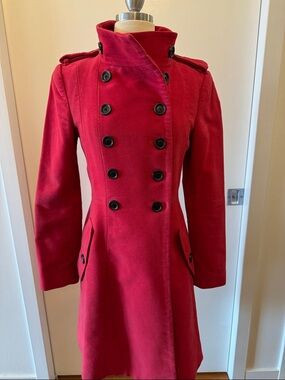 Women's Red Double-Breasted Trench Coat with High Collar